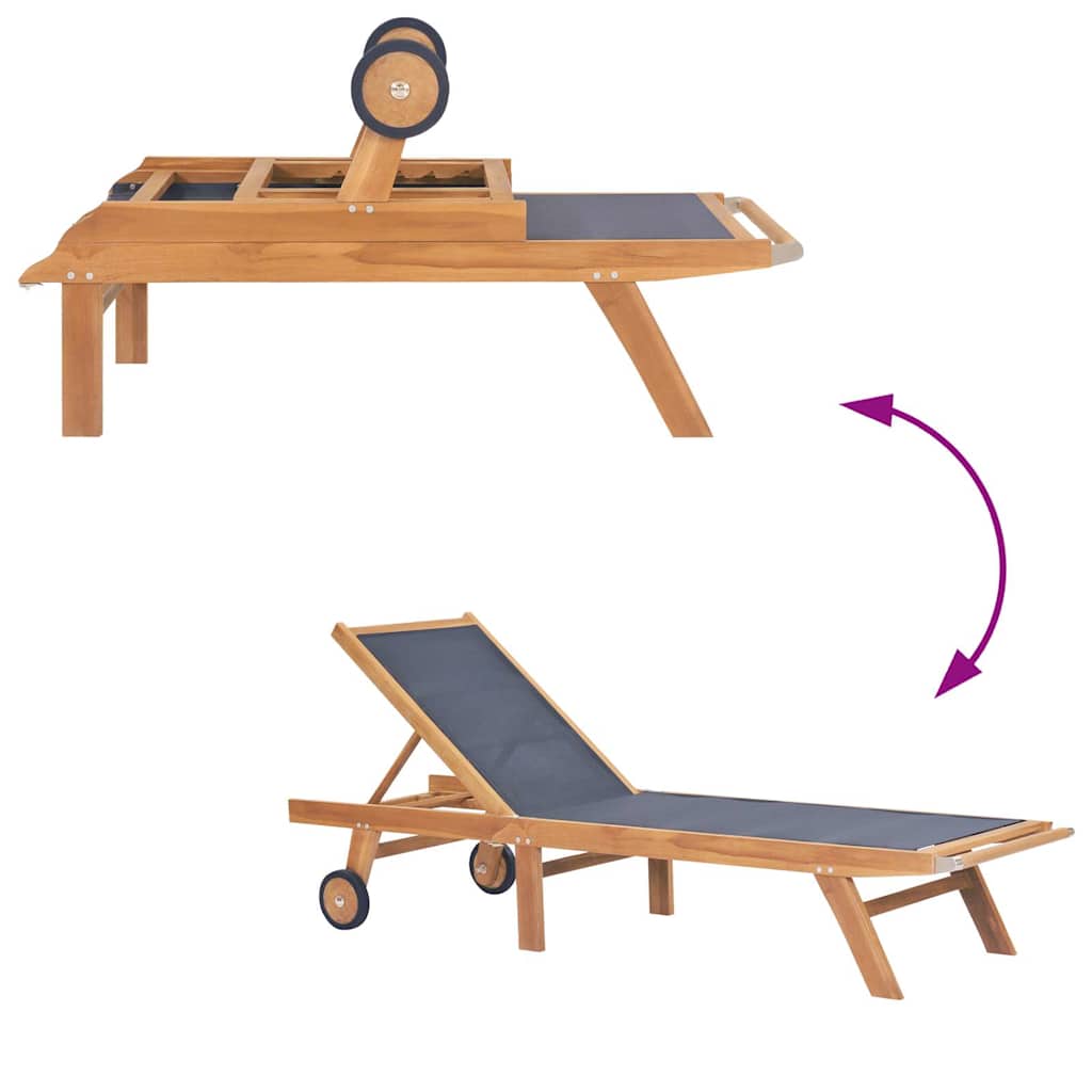 Foldbar solseng med hjul, heltre teak og tekstil