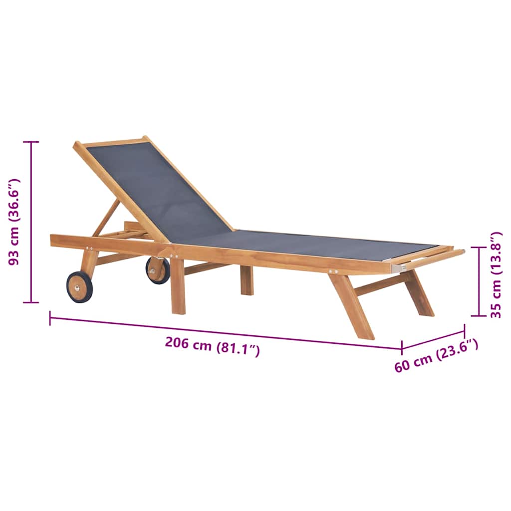 Foldbar solseng med hjul, heltre teak og tekstil