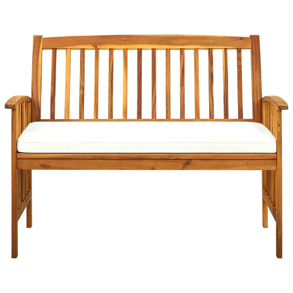 Hagebenk i heltre med kremhvit pute, 119 cm