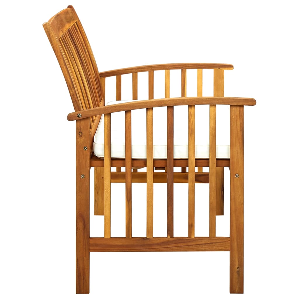 Hagebenk i heltre med kremhvit pute, 119 cm