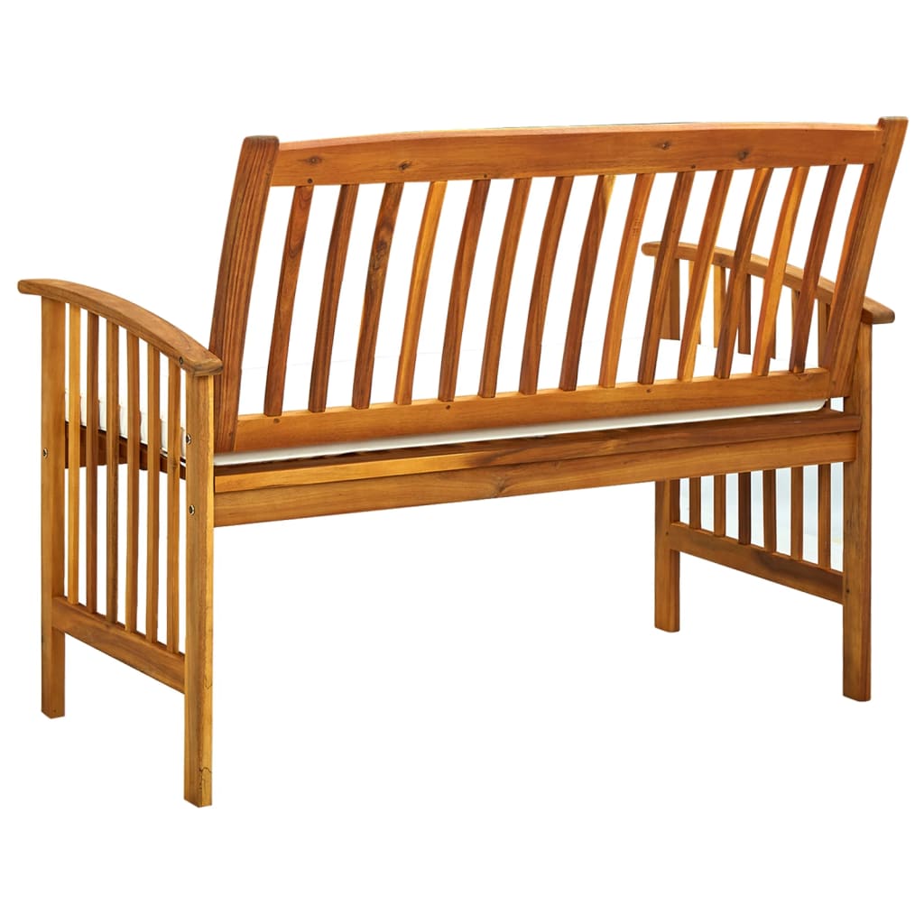 Hagebenk i heltre med kremhvit pute, 119 cm