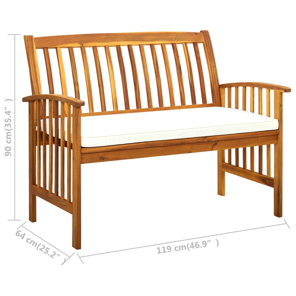 Hagebenk i heltre med kremhvit pute, 119 cm