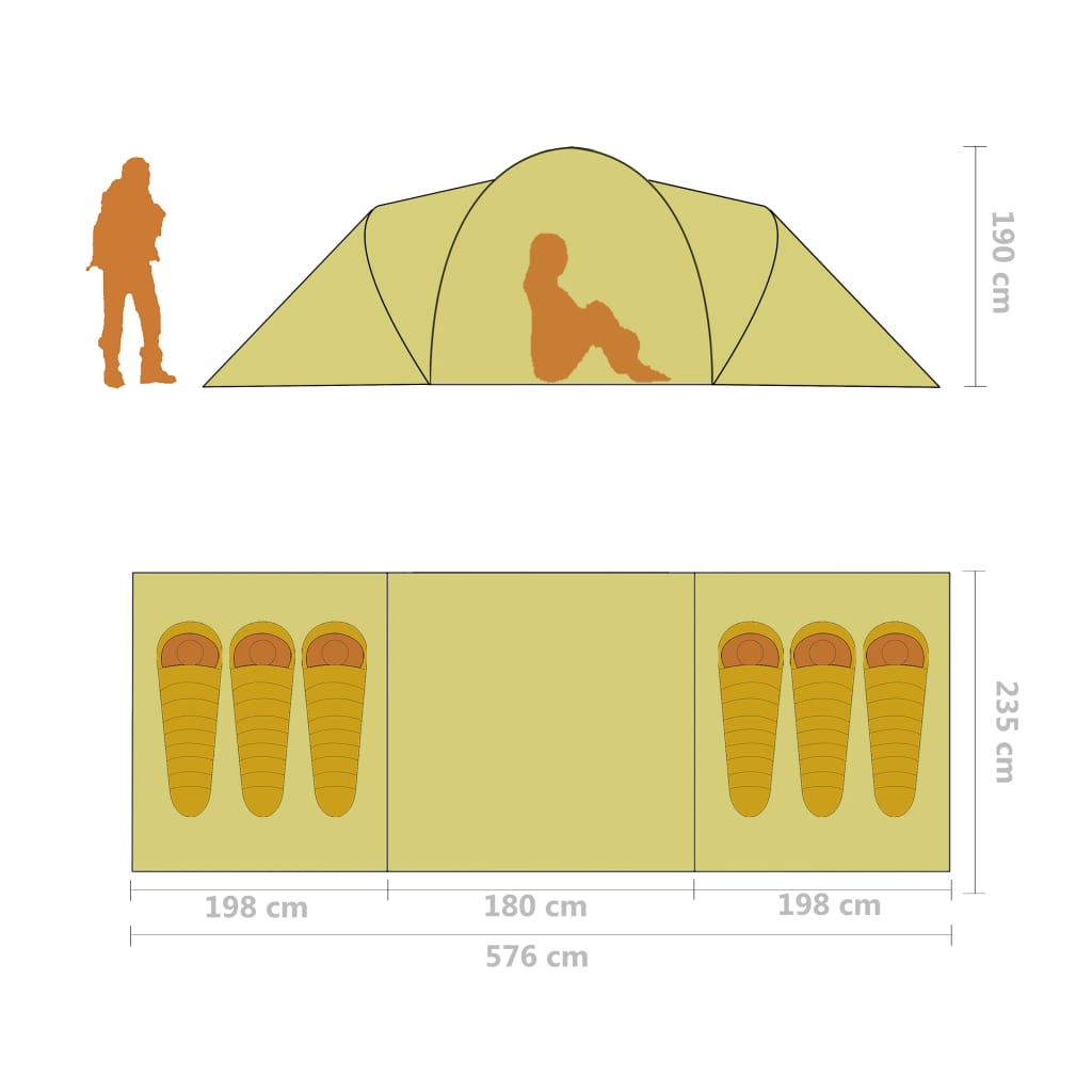 Campingtelt med 2 rom for 6 personer, blå og grønn