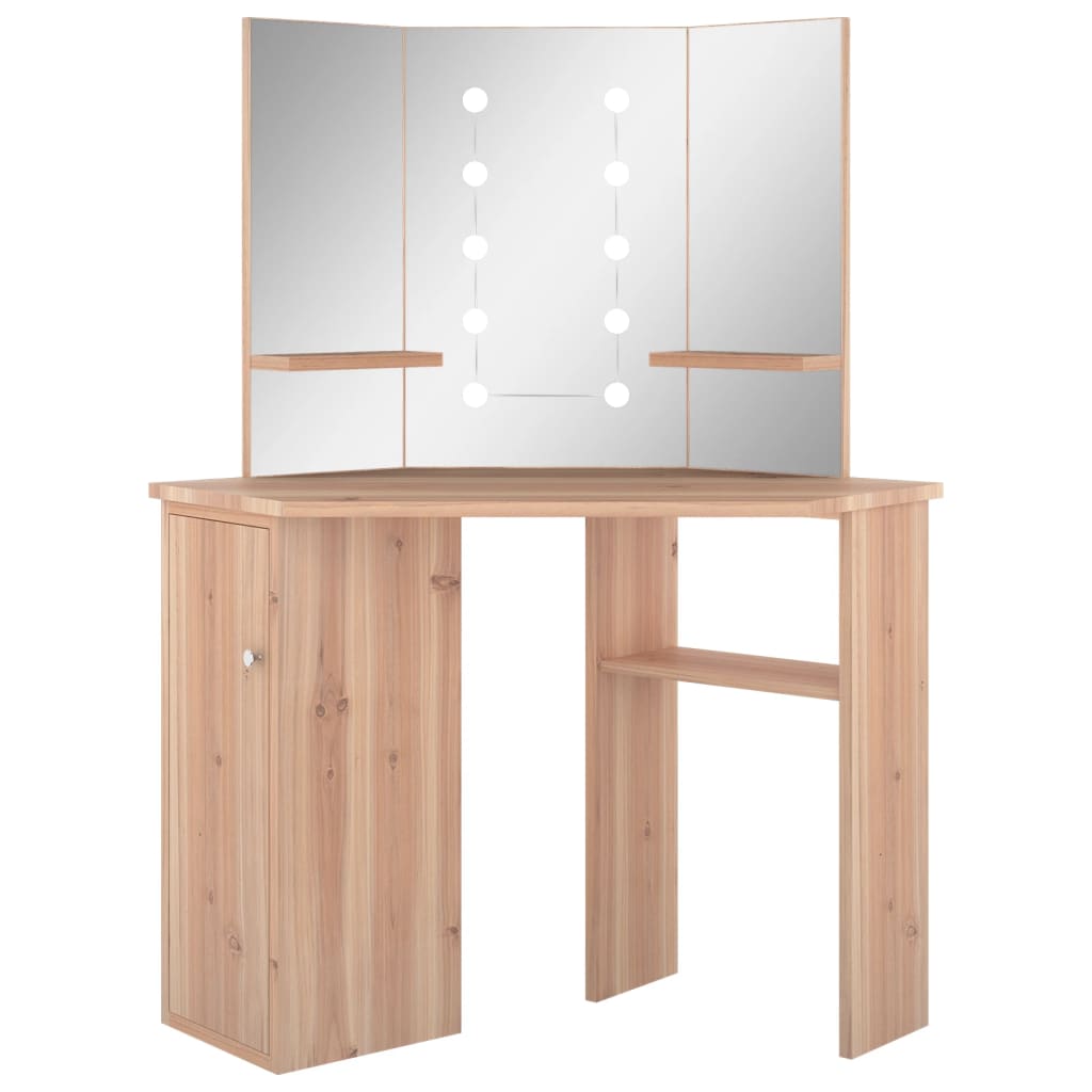 Hjørnemontert sminkebord med LED-lys, eik, 111x54x141,5 cm
