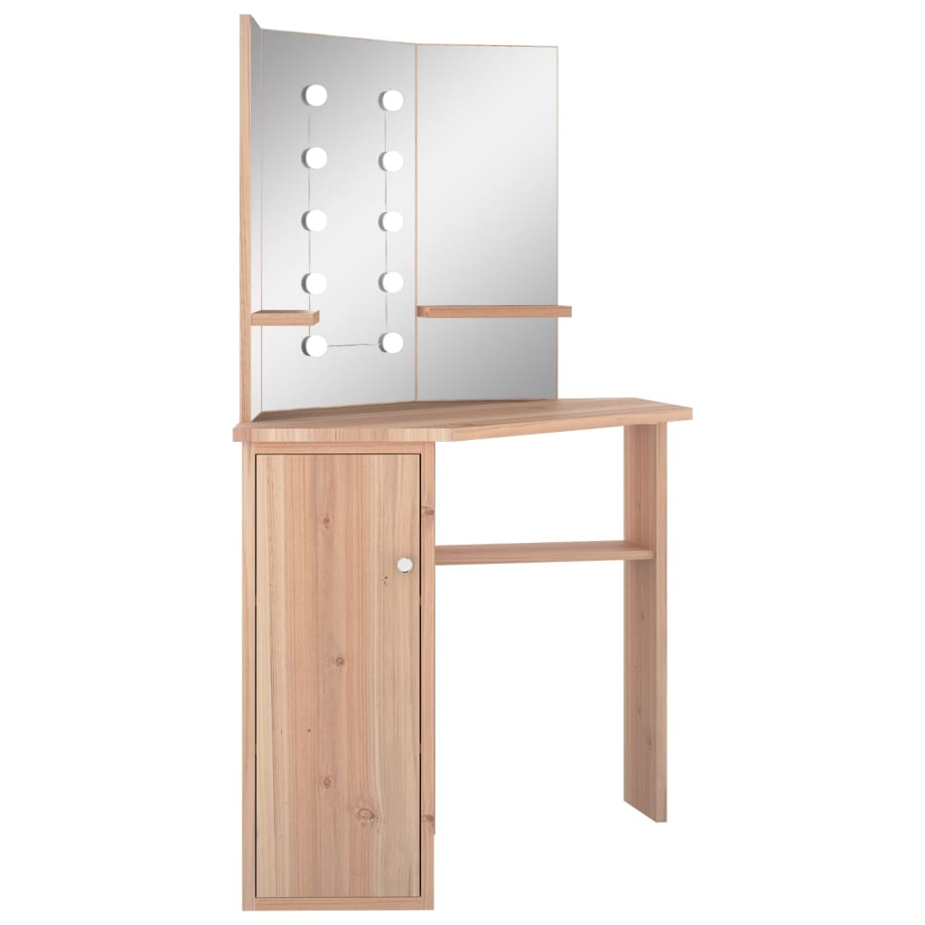 Hjørnemontert sminkebord med LED-lys, eik, 111x54x141,5 cm