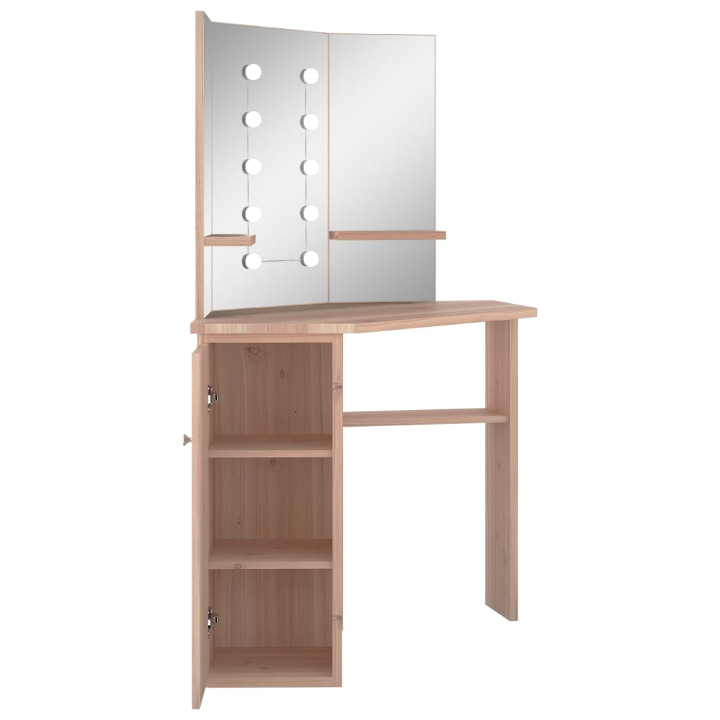 Hjørnemontert sminkebord med LED-lys, eik, 111x54x141,5 cm