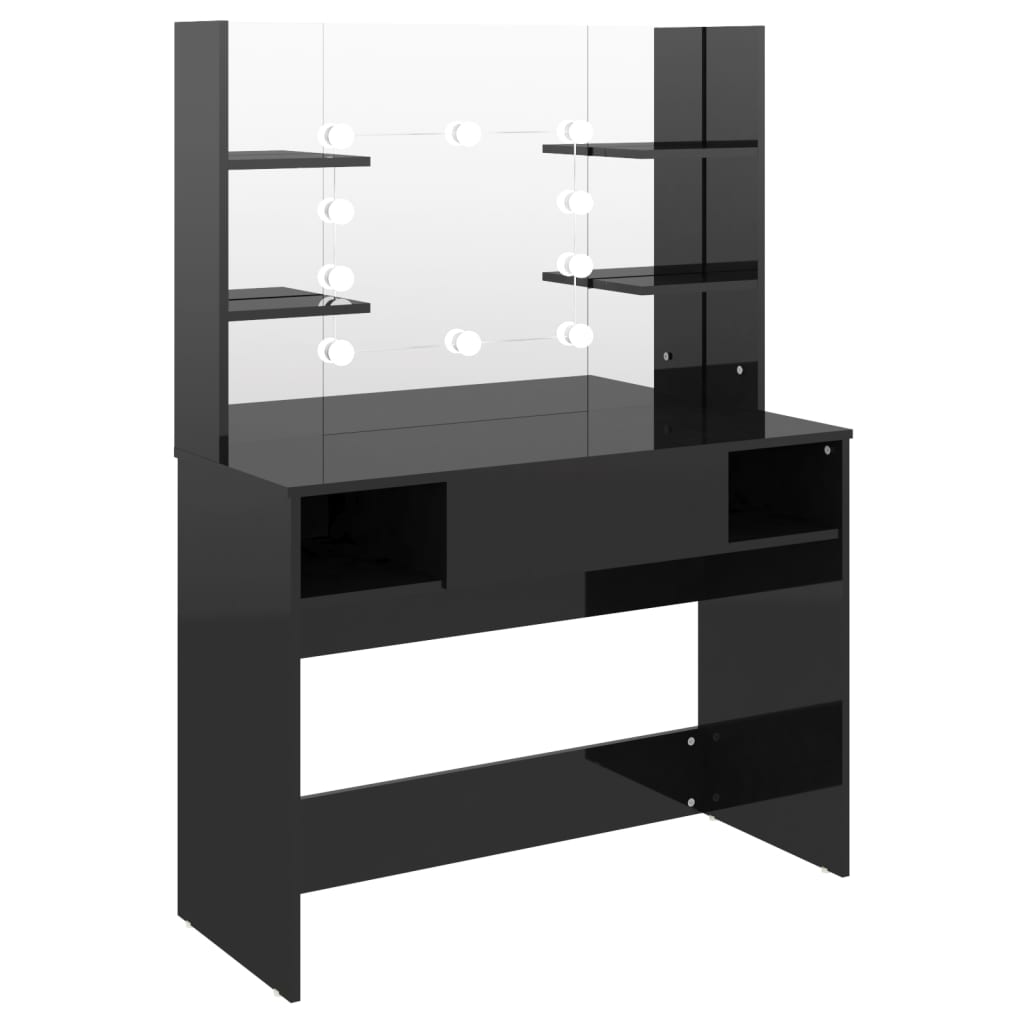 Stort svart sminkebord med LED-lys, 100x40x135 cm