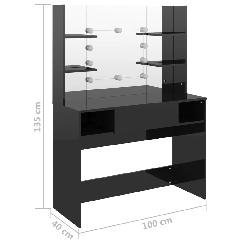 Stort svart sminkebord med LED-lys, 100x40x135 cm