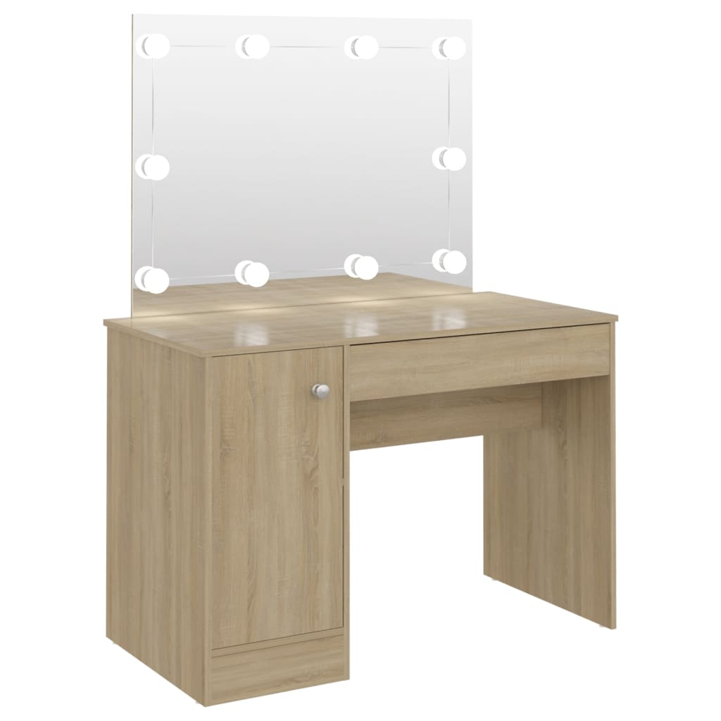 Sminkebord med LED-lys, eik, 110x55x145 cm