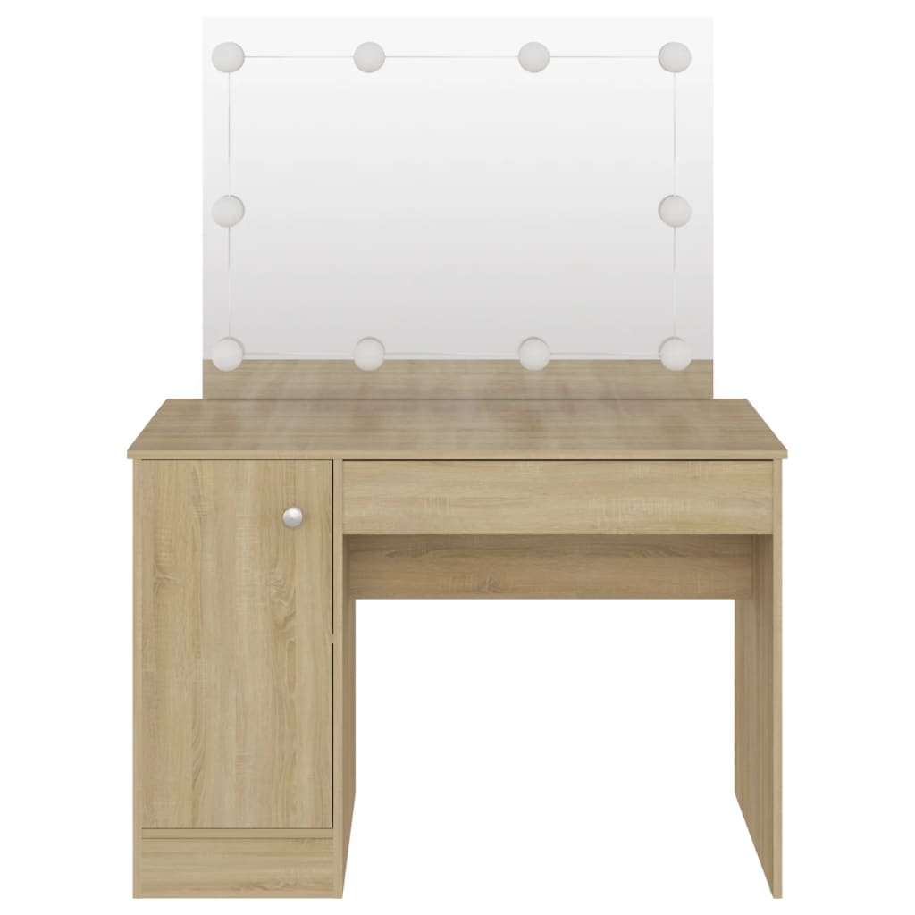 Sminkebord med LED-lys, eik, 110x55x145 cm