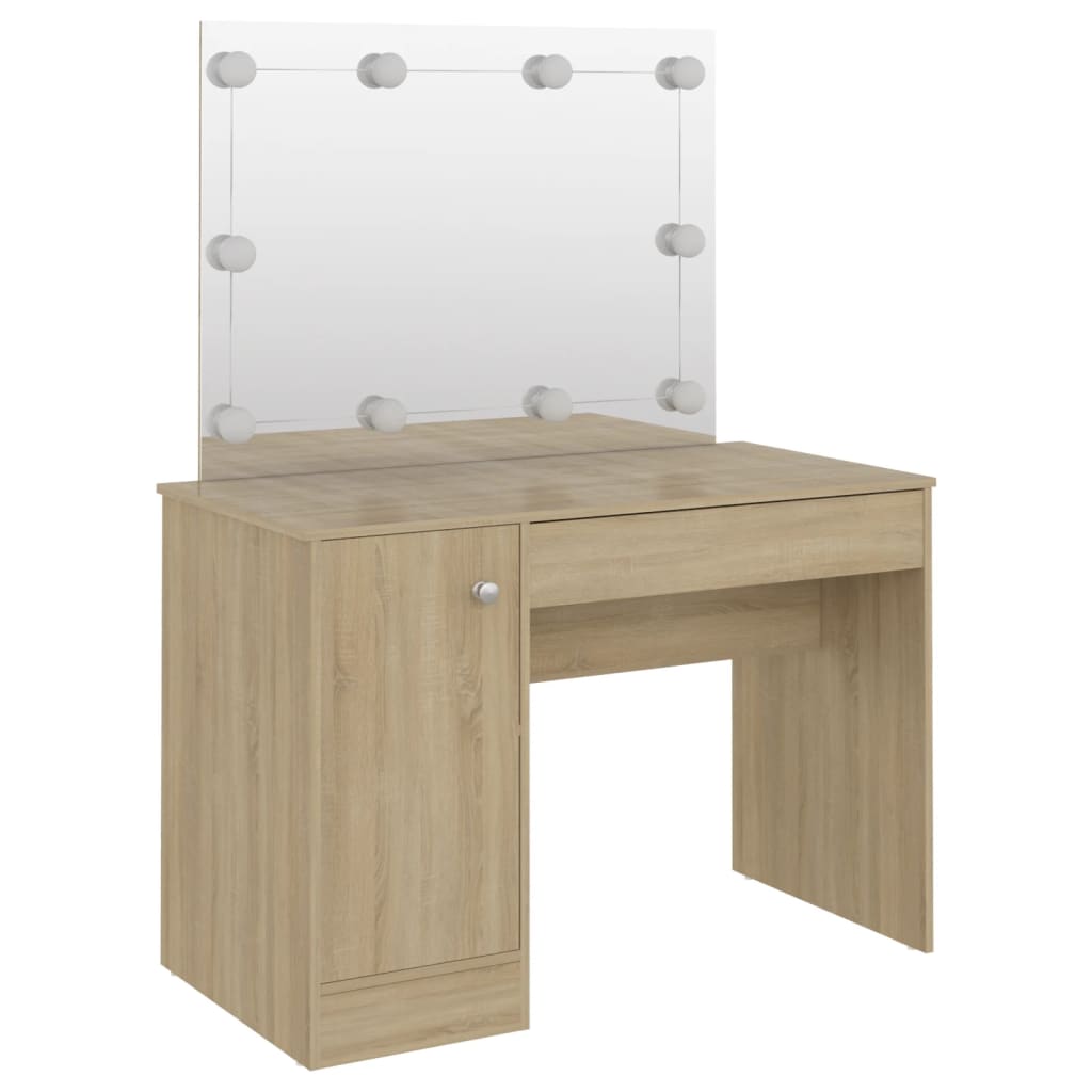Sminkebord med LED-lys, eik, 110x55x145 cm
