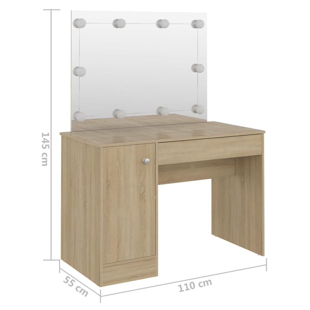 Sminkebord med LED-lys, eik, 110x55x145 cm