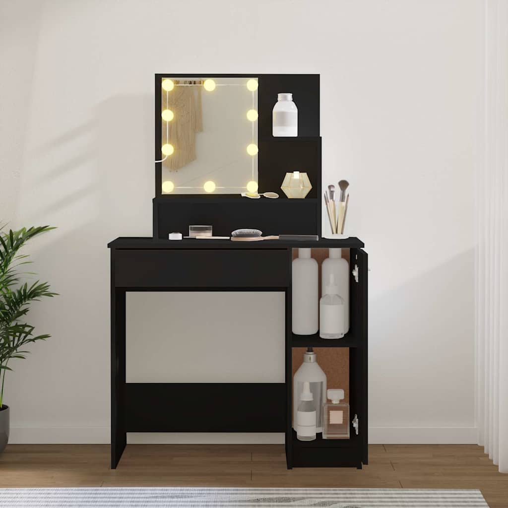 Svart sminkebord med LED-lys, 86,5x35x136 cm
