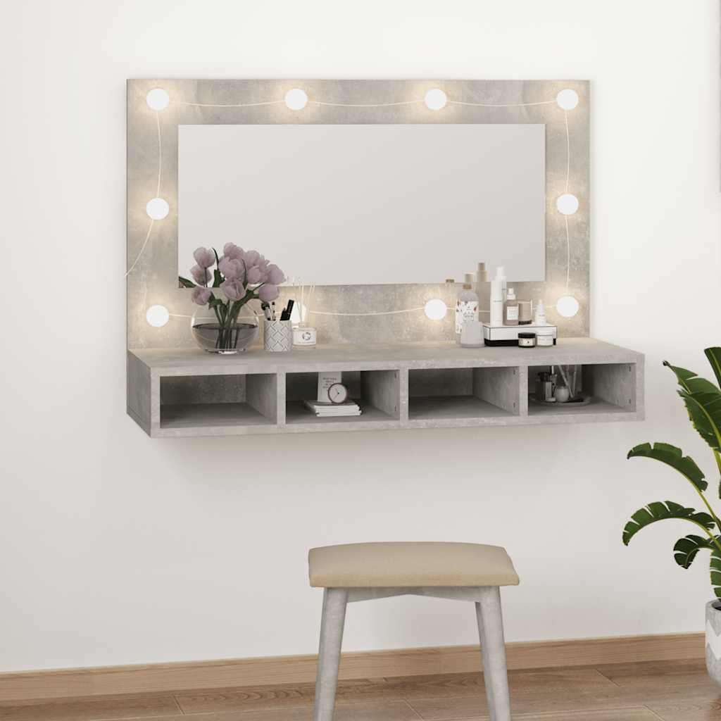 Speilskap med LED-lys, betonggrå, 90x31,5x62 cm