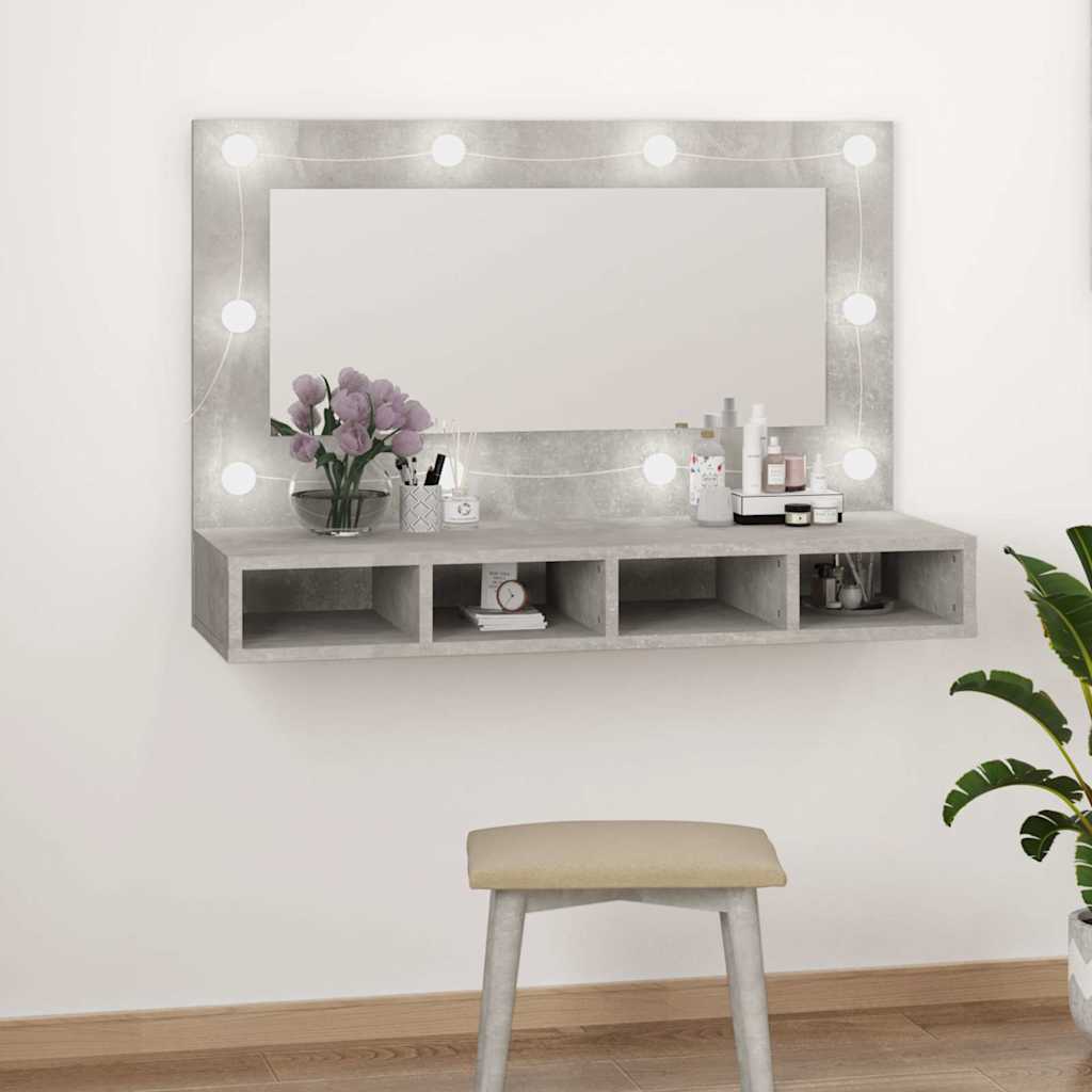 Speilskap med LED-lys, betonggrå, 90x31,5x62 cm