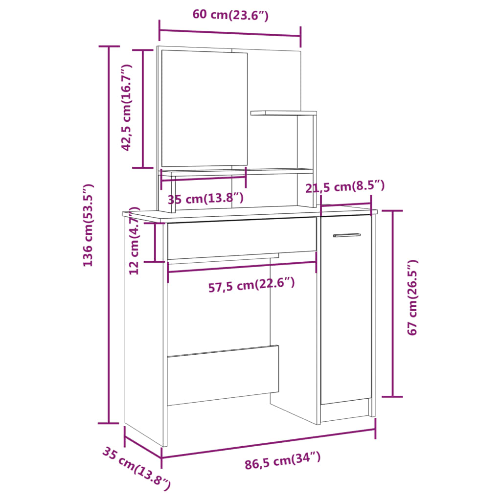 Sminkebord med speil, eik, 86,5x35x136 cm