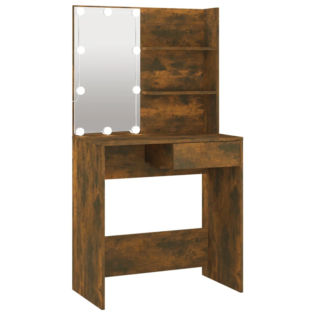 Sminkebord med LED-lys, brun eik, 74,5x40x141 cm
