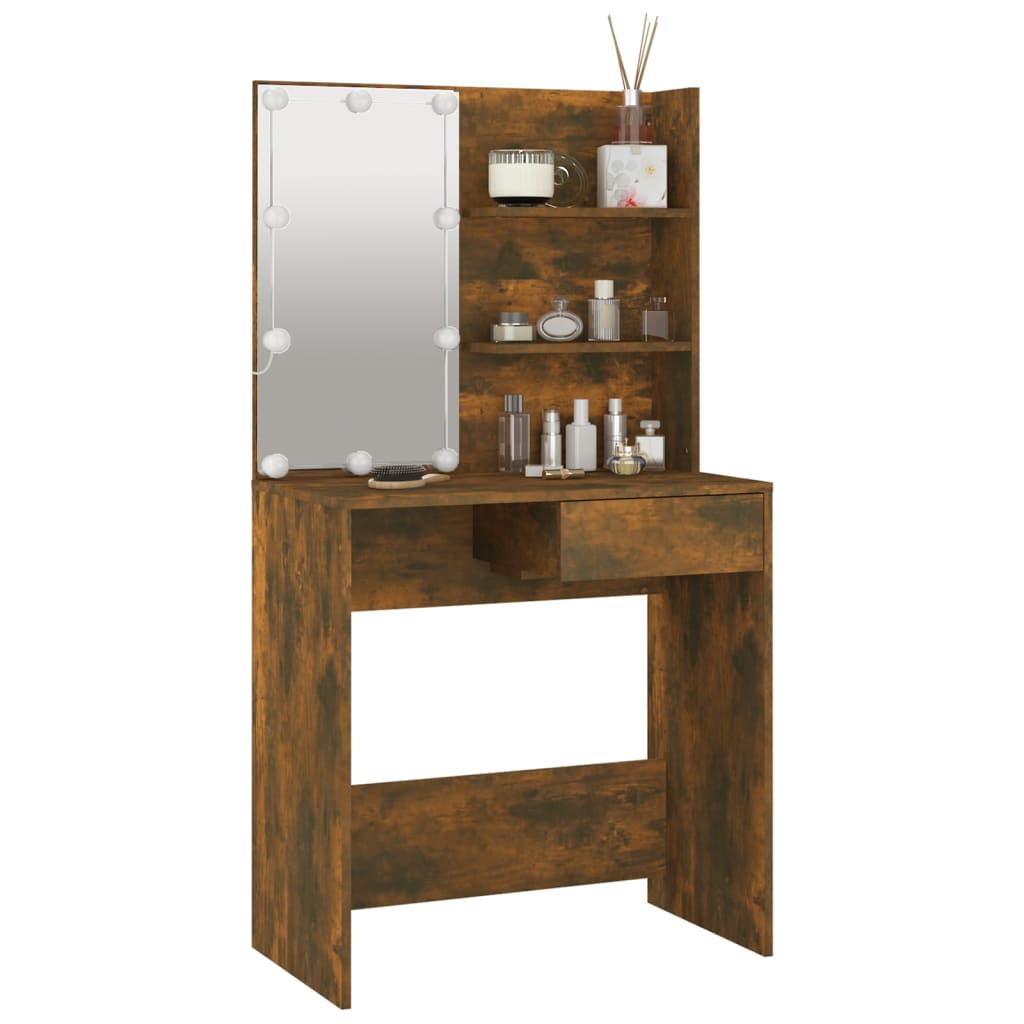 Sminkebord med LED-lys, brun eik, 74,5x40x141 cm