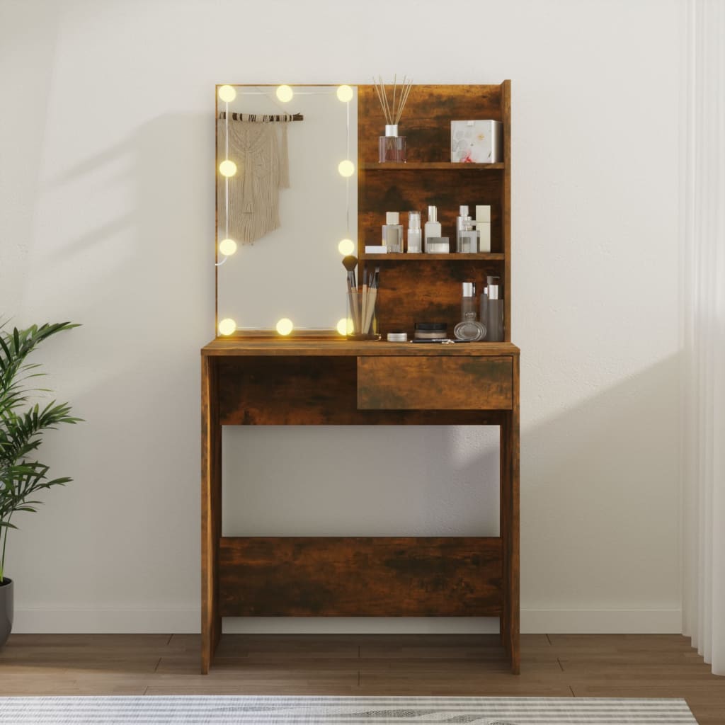 Sminkebord med LED-lys, brun eik, 74,5x40x141 cm