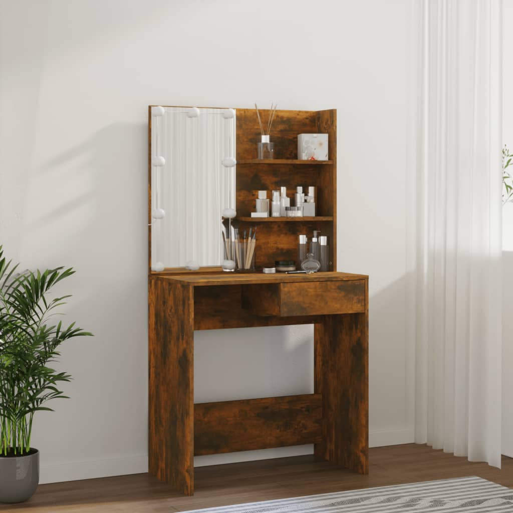 Sminkebord med LED-lys, brun eik, 74,5x40x141 cm