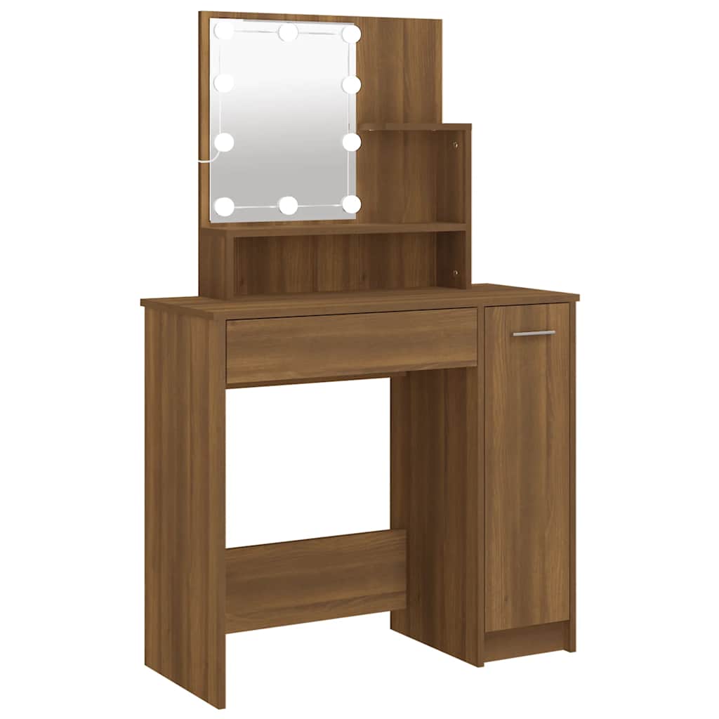 Sminkebord med LED-lys, brun eik, 86,5x35x136 cm