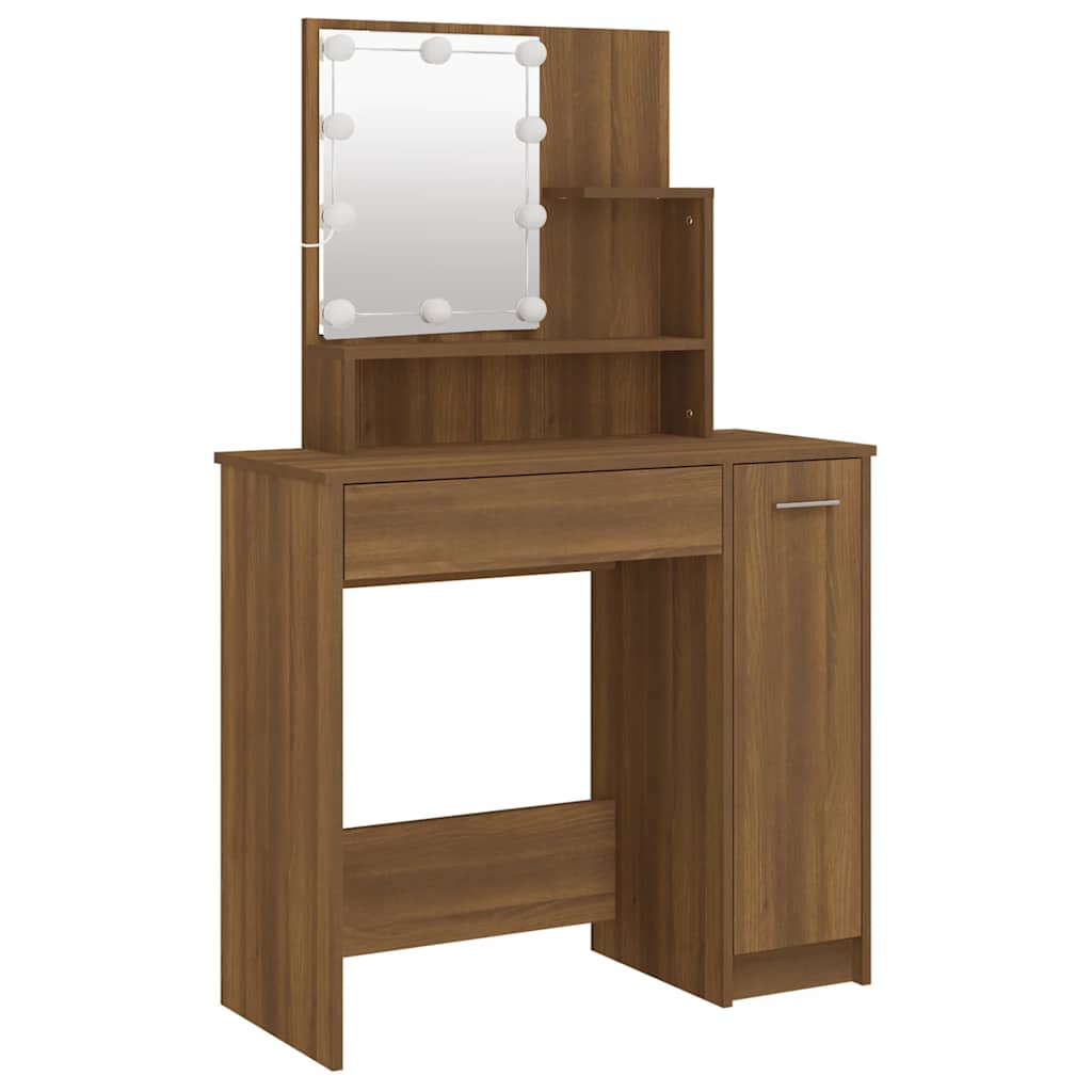 Sminkebord med LED-lys, brun eik, 86,5x35x136 cm