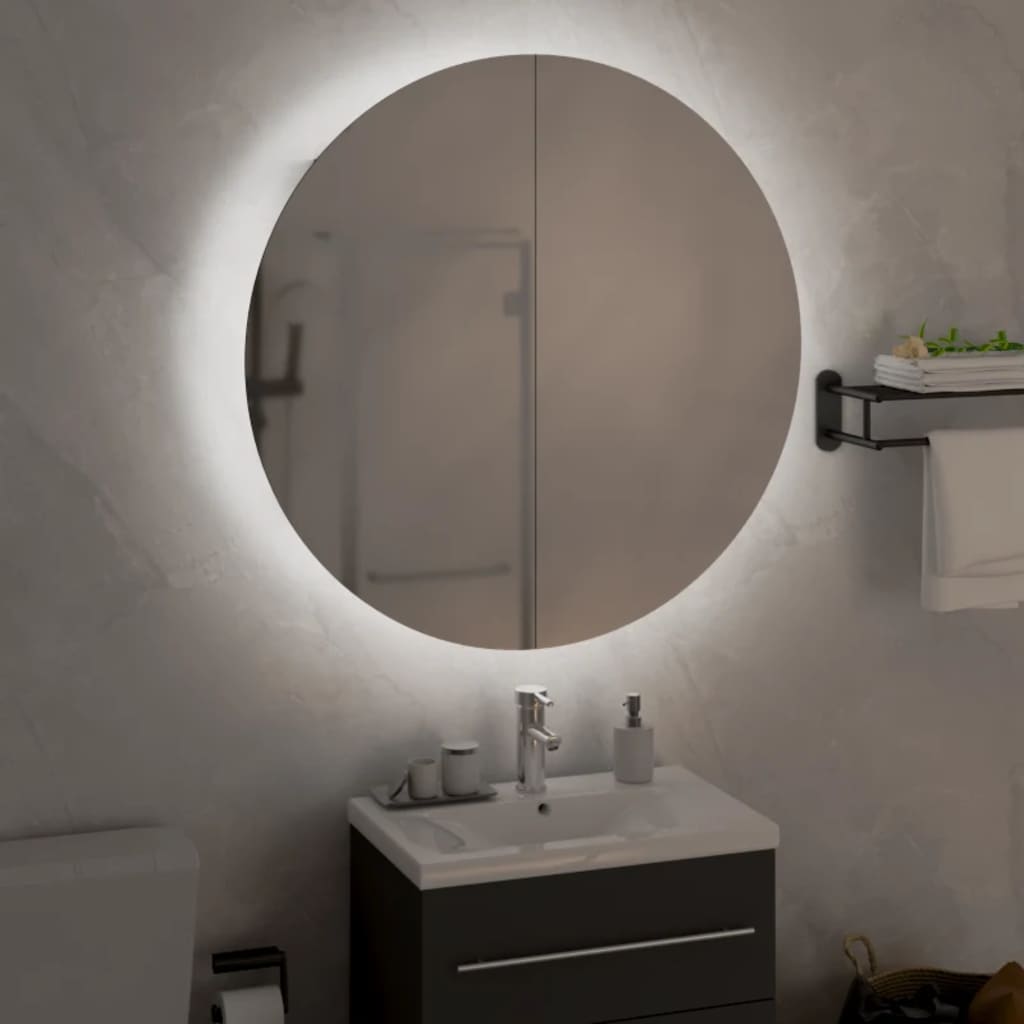 Baderomsskap med rundt speil og LED svart 80cm