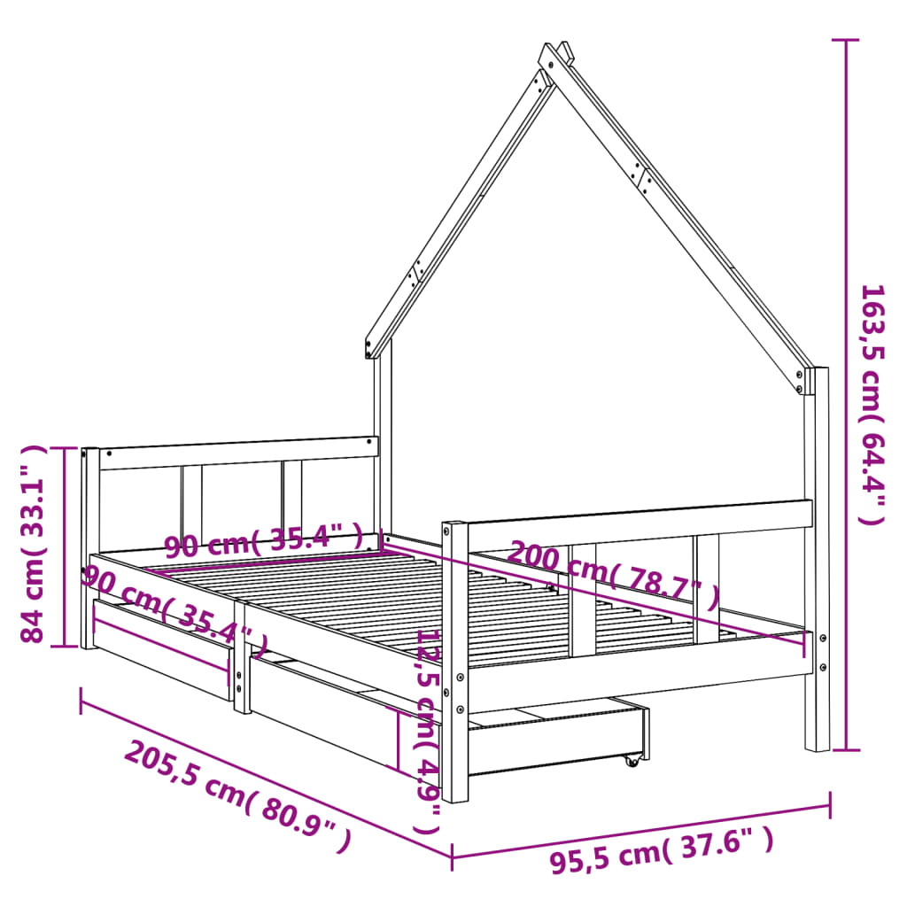 Barnesengeramme med skuffer hvit 90x200 cm heltre furu