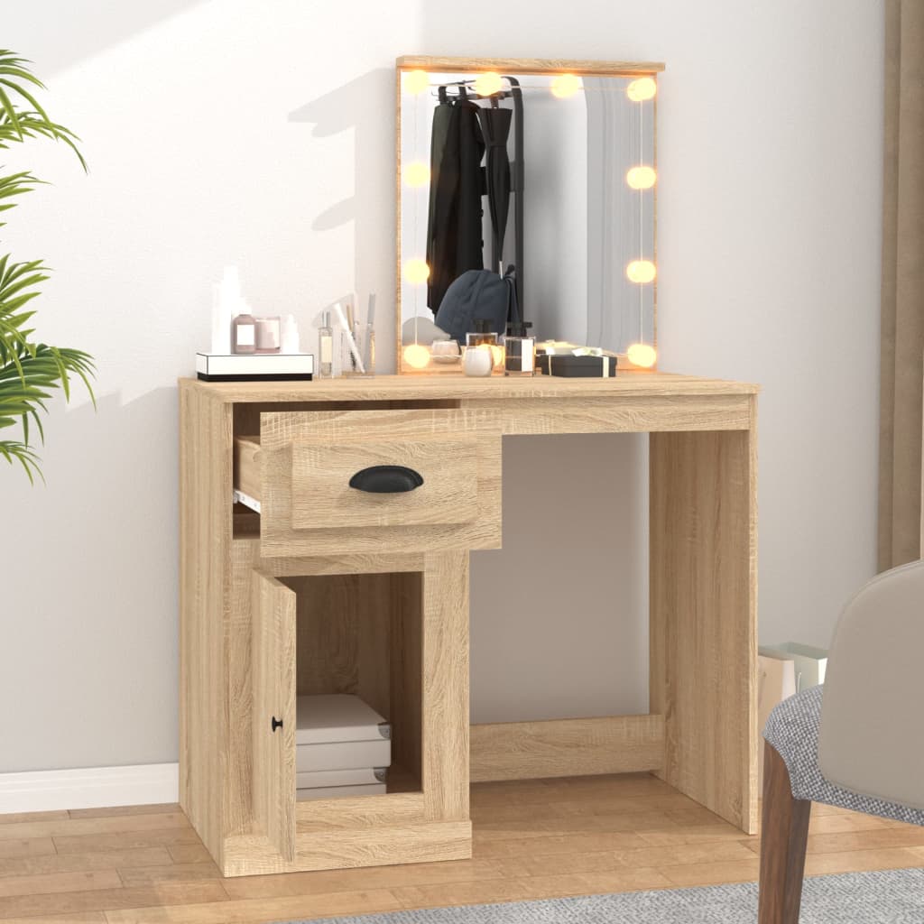 Sminkebord med LED-lys, eik, 90x50x132,5 cm
