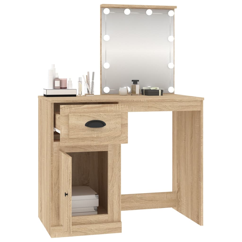 Sminkebord med LED-lys, eik, 90x50x132,5 cm