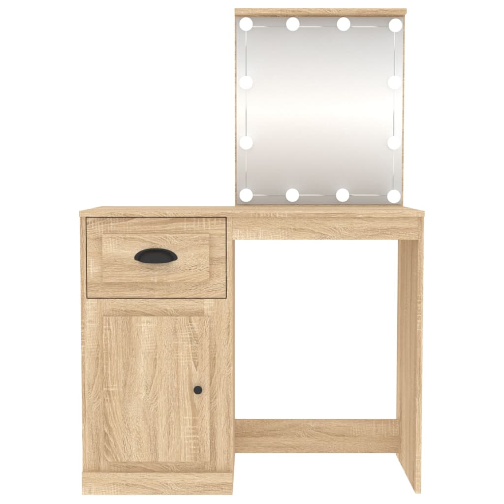 Sminkebord med LED-lys, eik, 90x50x132,5 cm