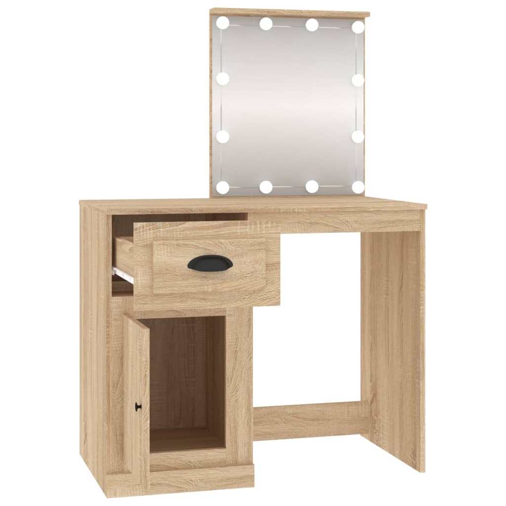 Sminkebord med LED-lys, eik, 90x50x132,5 cm