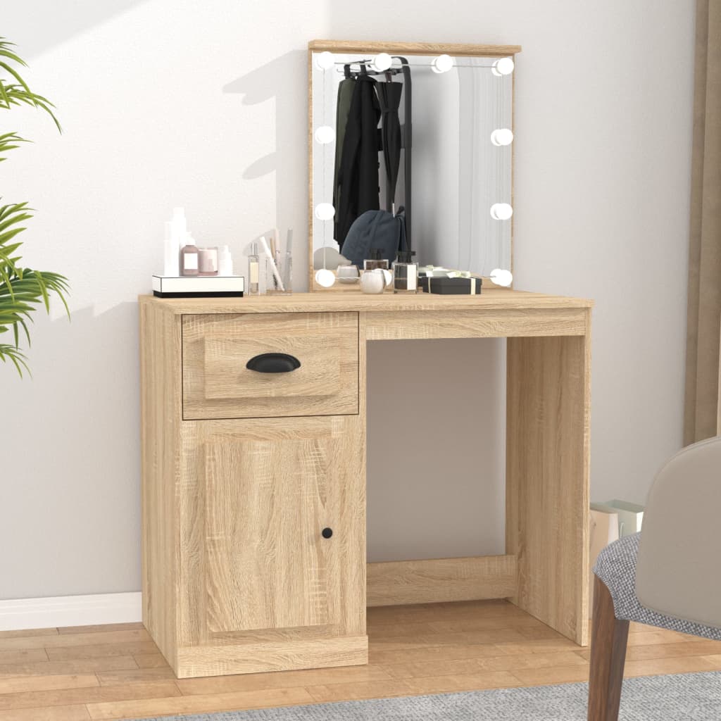 Sminkebord med LED-lys, eik, 90x50x132,5 cm