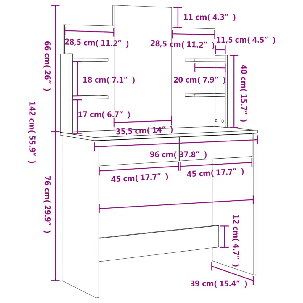 Hvitt sminkebord med speil, 96x39x142 cm