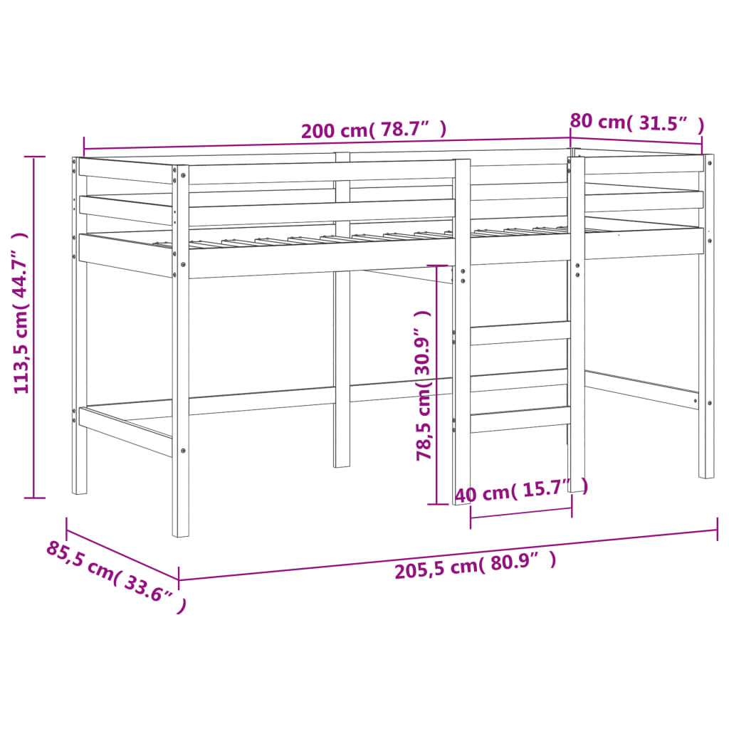 Køyeseng for barn med stige hvit 80x200 cm heltre furu