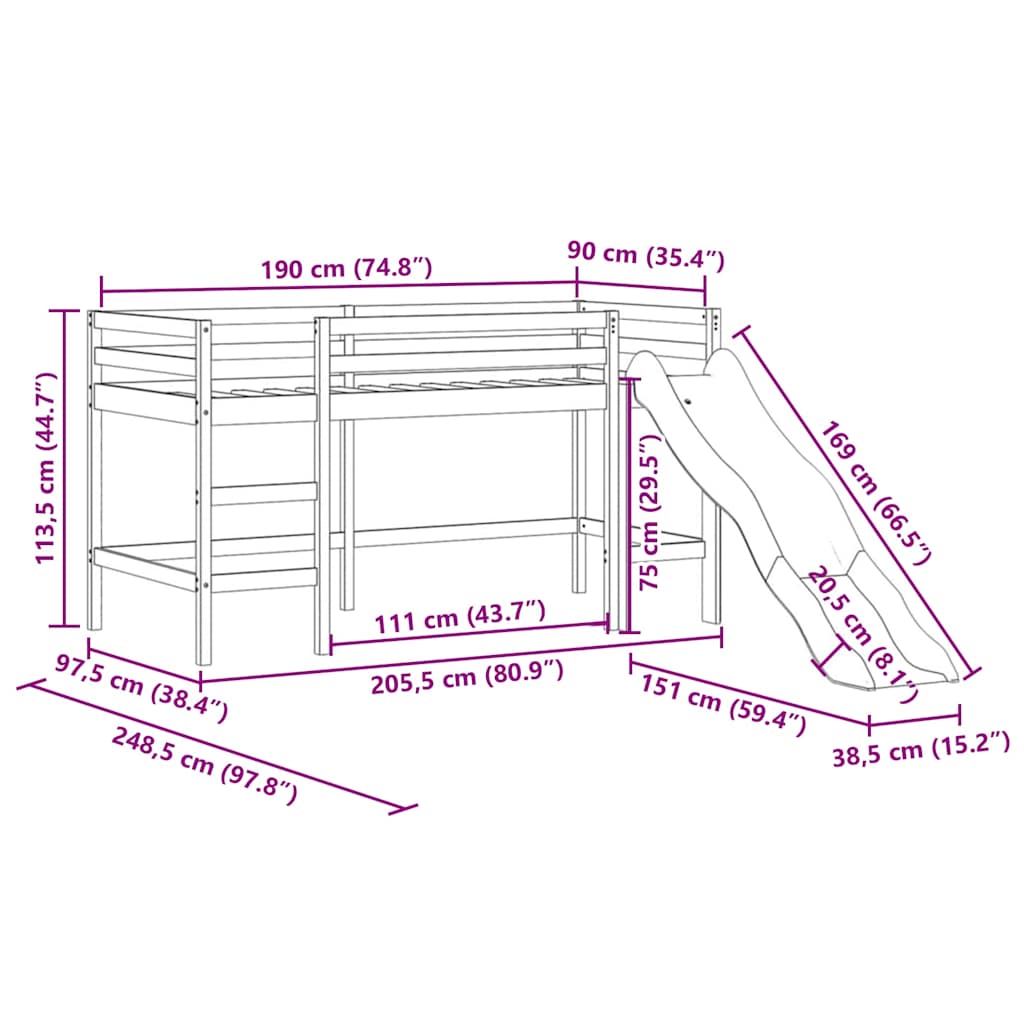 Køyeseng for barn med sklie svart 90x190 cm heltre furu