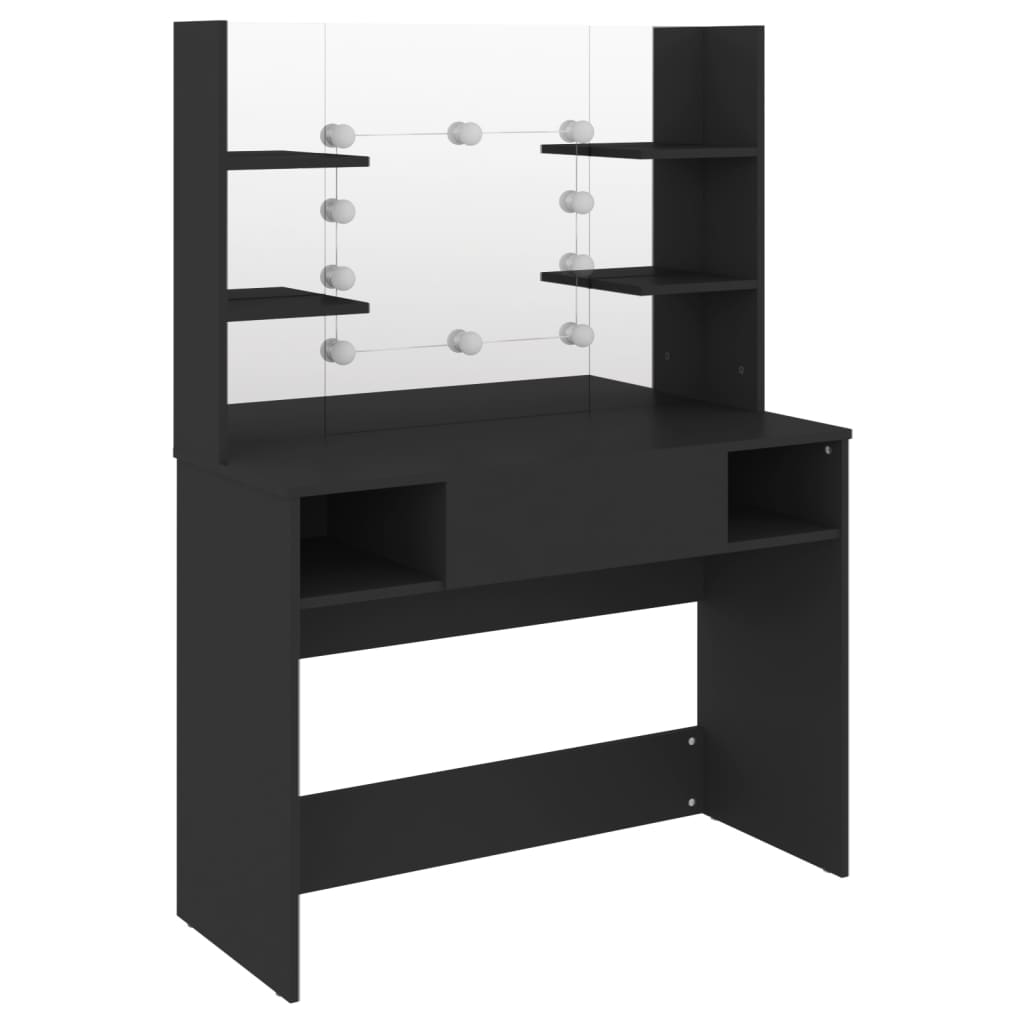 Stort svart sminkebord med LED-lys, 100x40x135 cm