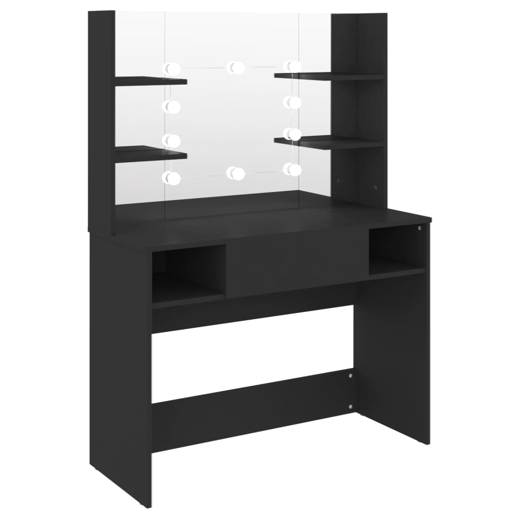 Stort svart sminkebord med LED-lys, 100x40x135 cm