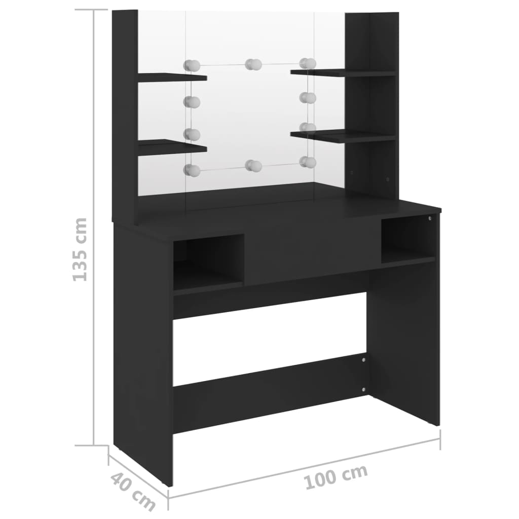 Stort svart sminkebord med LED-lys, 100x40x135 cm