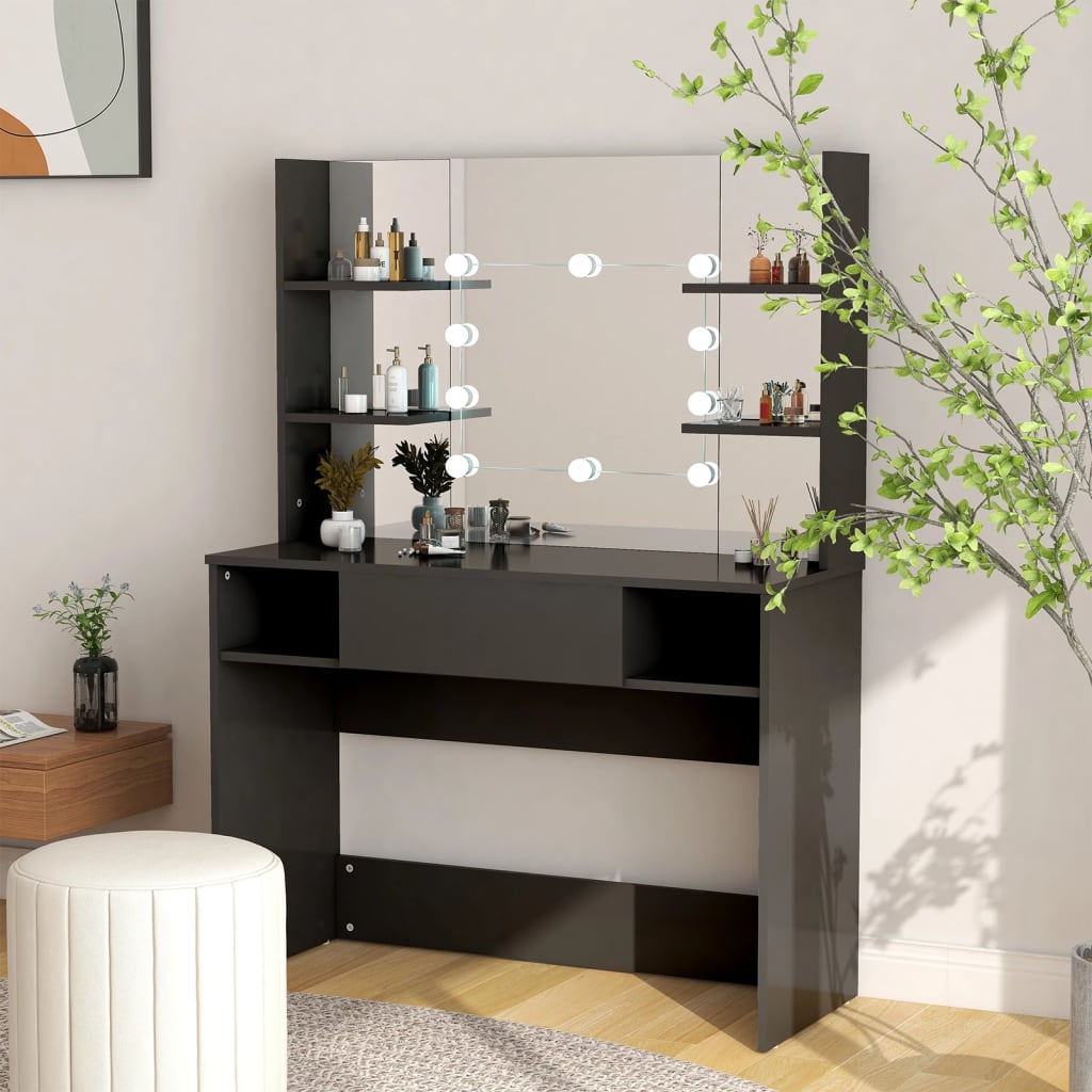 Stort svart sminkebord med LED-lys, 100x40x135 cm