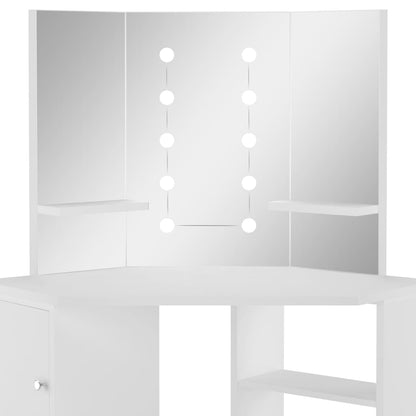 Hjørnemontert sminkebord med LED hvit