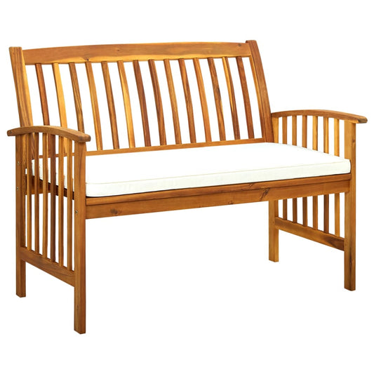 Hagebenk i heltre med kremhvit pute, 119 cm