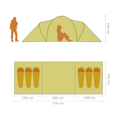 Campingtelt med 2 rom for 6 personer, blå og grønn
