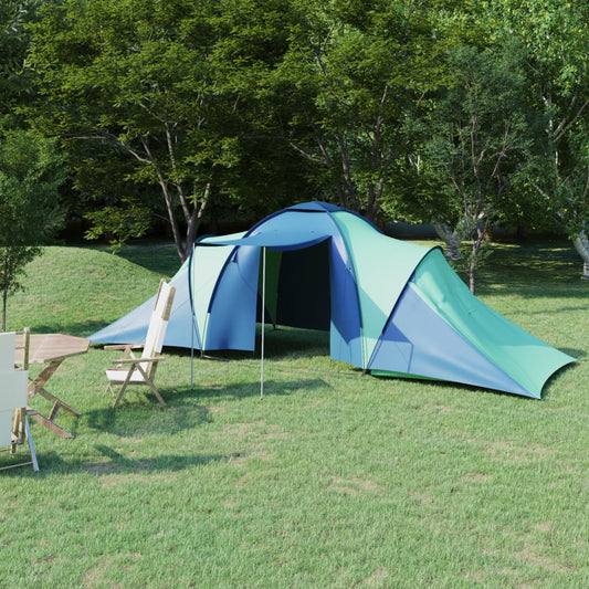 Campingtelt med 2 rom for 6 personer, blå og grønn