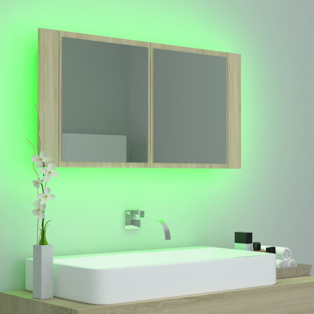 LED-speilskap til baderom sonoma eik 90x12x45 cm akryl