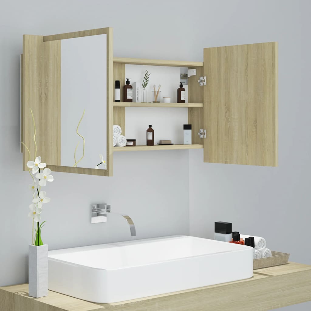 LED-speilskap til baderom sonoma eik 90x12x45 cm akryl