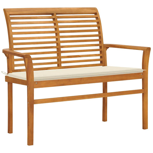 Hagebenk med kremhvite pute 112 cm heltre teak