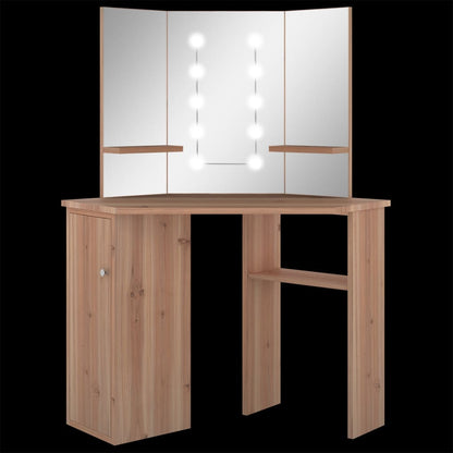 Hjørnemontert sminkebord med LED-lys, eik, 111x54x141,5 cm