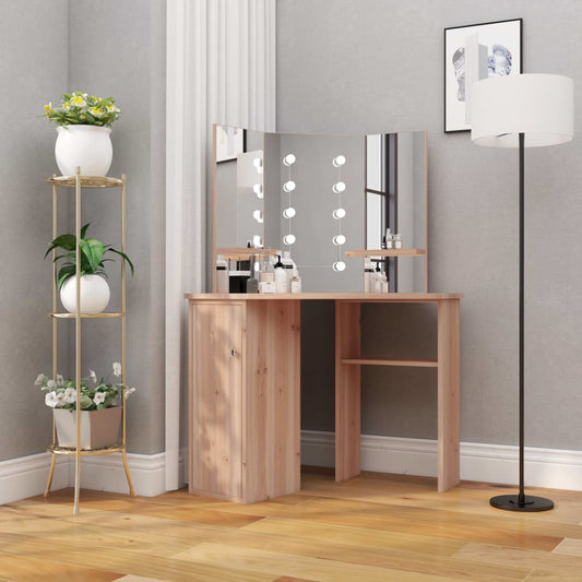 Hjørnemontert sminkebord med LED-lys, eik, 111x54x141,5 cm