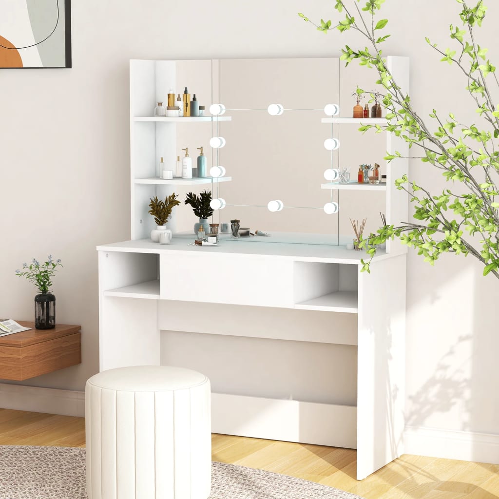 Kjempefint hvitt sminkebord med LED-lys, 100x40x135 cm